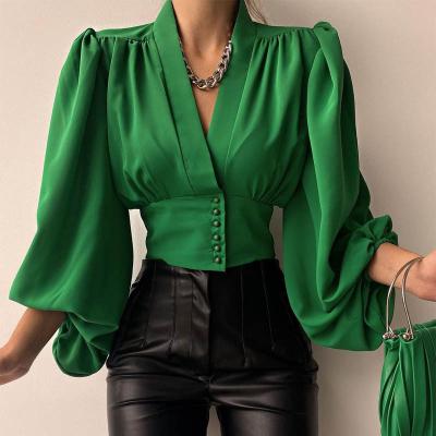 China Anti-pilling HC V-neck puff sleeve solid color waist blouses tops and tops women OL style loungewear for sale