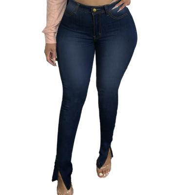 China HC QUICK DRY high waist jeans tight pants splice foot pencil pants street wear office use casual jeans for sale