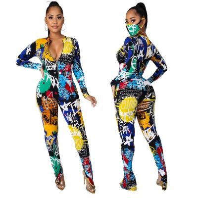 China Newest HC Washable V-Neck Long Sleeve Fashion Lady Jumpsuit Printed Floral Overalls Womens High Waist Pencil Pants Set for sale