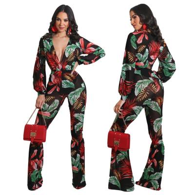 China Newest V-Neck Long Sleeve Belt Fashion Lady Jumpsuit Print Floral Overalls Women's High Waist Chiffon High Wide-Leg Pants Set for sale