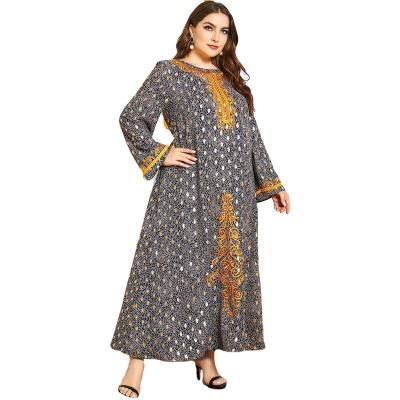 China Anti-wrinkle HC Round Neck Long Sleeve Printed Color Loose Dress Islamic Abaya Dress For Women for sale