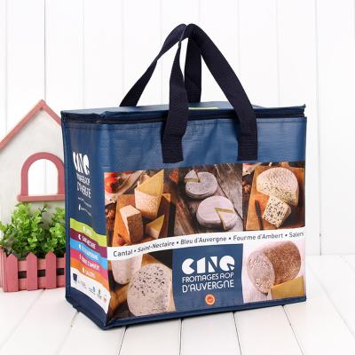 China Waterproof Portable Thermo Tote Bag Grocery Food Insulated Cooler Bag Custom Printed Square Laminated PP Woven Cooling Bag With Zipper for sale