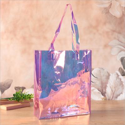 China Custom PVC Handled Holographic Clear Transparent PVC Handbag Hologram Bag PVC Fashion Design Shopping Bag Rainbow Tote Bag for sale