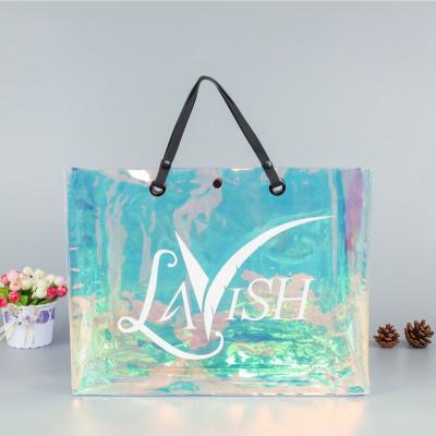 China XXL XL Size Iridescent PVC Handled Bags Tote PU Leather Handle With Rivets Fixed for sale