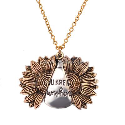 China Unisex Creative Sunflower Necklace Alloy Couples Double-Sided Inscription Sunflower Pendant Necklace for sale