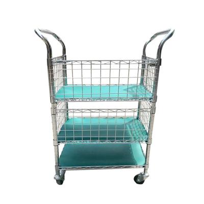 China Suitable for Outdoor 3 Tier Mesh Metal Wire Multi Purpose Mobile Delivery Trolley Basket Hand Cart for sale