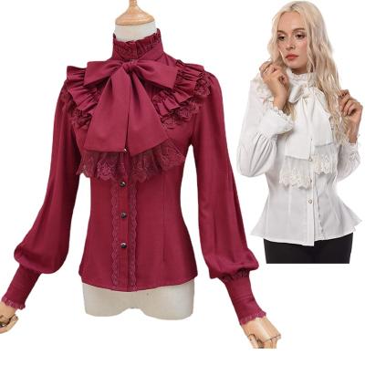 China Viable Women's Victorian Clothing 50s Vintage Bow Tie Chiffon Tops Ruffles Lace Long Sleeve Victoria Blouse Gothic Shirt for sale