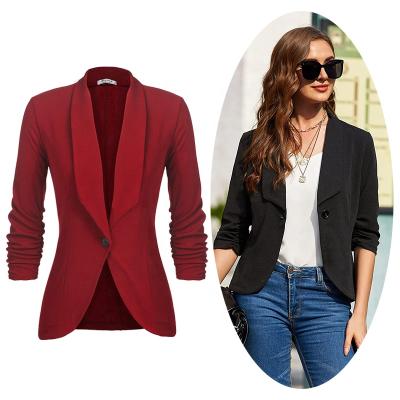 China Hot Sale Anti-Wrinkle Women's Suits Black Ruched Front Top Open Jacket Casual Blue Blazer Work Light Sleeve Coat Office Suits for sale