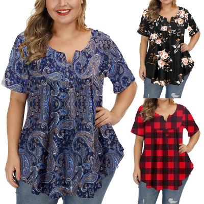 China Floral Print Shirt Plus Size Women's Blouses Retro Henley Floral Shirts V-Neck Ruffle Flowy Short Sleeve Tunic Tops for sale