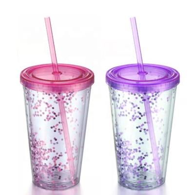 China Eco Friendly Wholesale Sustainable Juice Milktea Double Wall Glitter Water Tumbler With Straw for sale