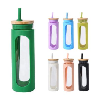 China 600ml Viable Glass Water Bottle With Straw And Silicone Sleeve Glass Tumbler With Bamboo Lid for sale