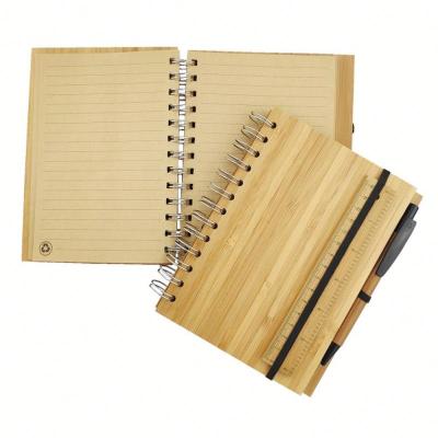 China A5 size cover metal printed natural real bamboo spiral notebook with bamboo ruler and bamboo ball pen for sale