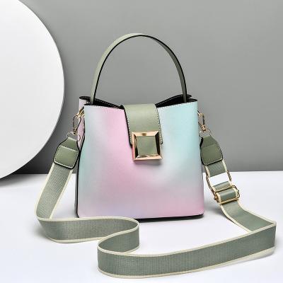 China Latest Fashion High Quality Gradient Color PU Leather Tote Bags Ladies Shoulder Bucket Handbag Women Handbag for sale