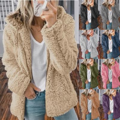 China New Anti-wrinkle solid color fashionable zipper 5xl wool hooded coat plus size jackets women coats winter for sale