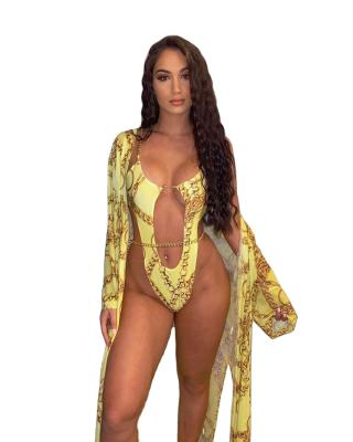 China 2021 European and American Yoyolemon breathable new printed bikini chain swimsuit from the AliExpress Amazon Amazon metal one-piece foreign trade swimsuit for sale