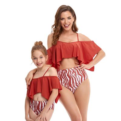 China Yoyolemon Breathable Hot Selling Red 2 Piece Parent-Child Straps Swimsuit Set Kids Girls Family Swim Set With Ruffles for sale