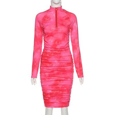 China 2021 Fashion Women High Breathable Round Neck Elastic Printed Long Sleeve Pleated Bodycon Dress D1736329 for sale