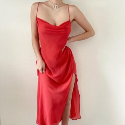 China New Product Summer Backless Party Dresses Women's Long Casual Elegant Breathable Pure Silk Color Slip Dress for sale