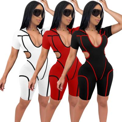 China Wholesale Breathable Sexy Stripe V Neck Jumpsuit Women's Summer Hollow Out TOB Black Jumpsuit Women Overalls AM707 for sale