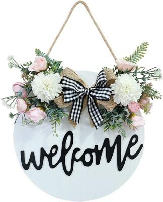 China Wooden Floral Hanging Welcome Sign Round Welcome Sign Promotion Farmhouse Porch Decor Door Sign For Front Door for sale