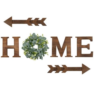 China Europe Rustic Wooden Home Letters Sign With Modern Decorative Artificial Wreath Eucalyptus Hanging Soft Home Sign As Rustic Wall Art for sale