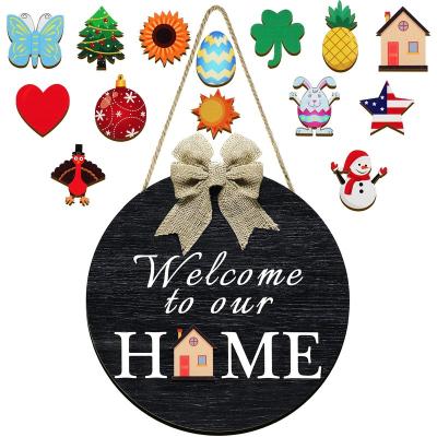 China Wooden Sign Welcome To Our Home Round Hanging Sign With Interchangeable Holiday Seasonal Welcome Sign For Front Door for sale