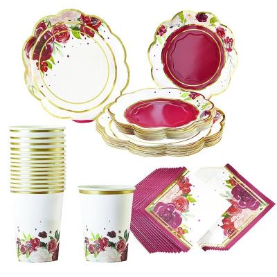 China Birthday Supplies Burgundy Blush Floral Party Tableware Set Baby Shower Decoration Paper Cups Plates Straws Wedding Birthday Party Supplies for sale