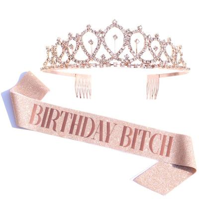 China Wholesale Female Birthday Party Decorations Birthday Sash and Tiara Kit Birthday Gifts Rose Gold Birthday Gifts Glitter Rhinestone Sash for sale