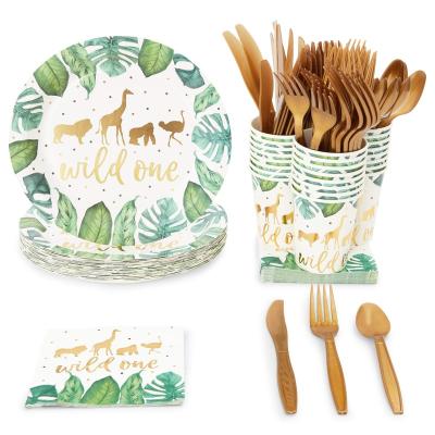 China Safari Birthday Party Supplies Jungle Theme Disposable Tableware Set Wild Napkin and Paper Plate Cups Birthday Party Supplies One for sale