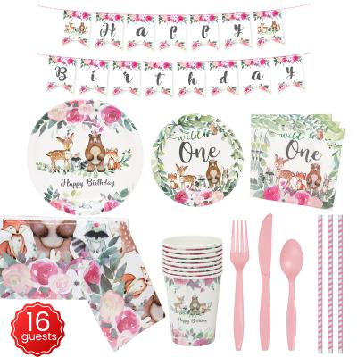 China Birthday Party Supplies New Design Woodland Animal Theme Tableware Sets Paper Tableware Set Soup Plate Napkin Birthday Wedding Party Supplies for sale