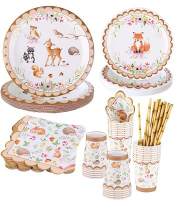 China Birthday Party Supplies Woodland Animal Theme Paper Tableware Sets Baby Shower Decoration Birthday Party Supplies Plates Cups Napkins Straws for sale