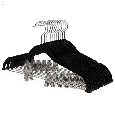 China Non Slip Velvet Trouser Hangers Space Saving Ultra Thin Non Slip Velvet Hangers With Clips for sale