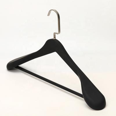 China Customized Logo Black Coat Hanger Wide Shoulder Thick Plastic Cloth Hanger for sale