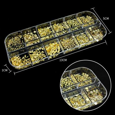 China Finger Nail Art 12 3D Grids Nail Art Accessories Luxury Metal Stone Glitter Gold Glitter Rivets Faux Stone Nail Metal Decals for sale