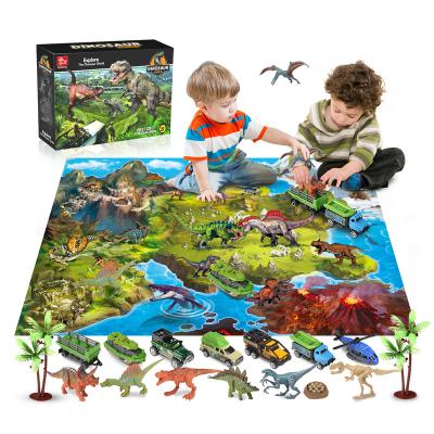 China 1:64 Dinosaur Toy Wholesale PVC Dinosaur Car Toy 14Pcs Diecast Truck Toy Dinosaurs Jurassic World With Playmat for sale