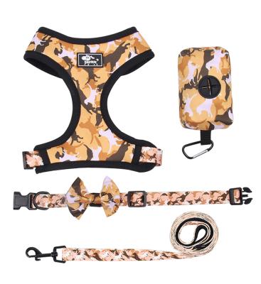 China Custom Improved Camouflage Pattern 4pcs Dog Harness Set Pet Supplies With Leash Bow Tie Waste Bag Holder No Pull Dog Pet Chest Straps for sale