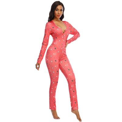 China Design V-Neck Women Sleepwear Pajamas Overalls Breathable One-Piece Printed Sleepwear For Women for sale