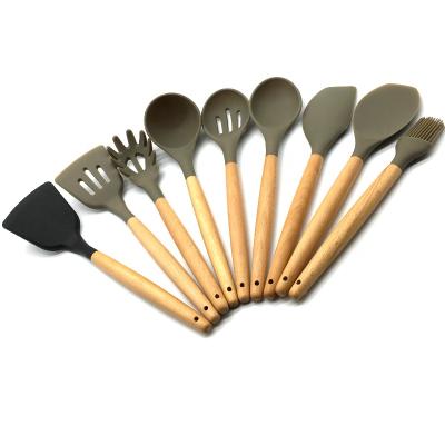 China Traditional Silicone Cookware | Wooden Handle, Non-Stick Cookware Kitchen Heat Resistant Utensil for sale