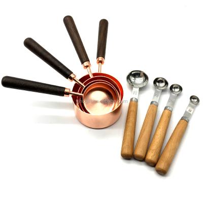 China Amazon Sustainable Hot Sale 8 Piece Stainless Steel-Copper Measuring Cups And Spoons Set With Wooden Handle for sale