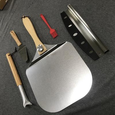 China Disposable aluminum pizza peel and pizza cutter and pizza server, with foldable wooden handle for sale