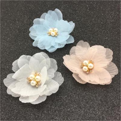 China Telephone Line Shape Chiffon Pearl Fabric Flower Headdress Bridal Hair Clips Rolled Rose Women Girls Hair Accessories Hairpins For for sale