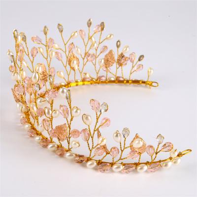 China Phone Line Bridal Princess Headband Crystal Pearl Tiara Crowns Hair Shaped Wedding Pink Pageant Rhinestone Jewelry for sale