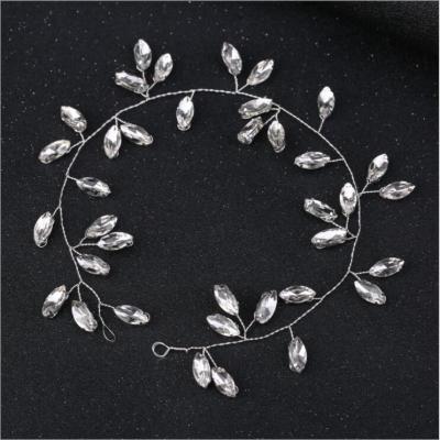 China Telephone Line Shape Pearl Bridal White Flower Braided Long Crystal Rhinestone Hairband Knitted Handmade Headband Bride Hair Accessories for sale