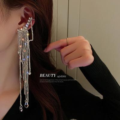 China Kaimei FASHIONABLE 925 Silver Needle Zircon Tassel One Long Crystal Earring Exaggerated Trend Earrings for sale