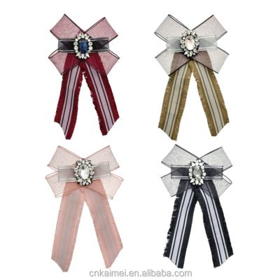 China Dress Decoration Ribbon Lace Rhinestone Crystal Bow Brooch Pre-Tied Neck Tie Brooches Premium Pins Bow Tie for sale