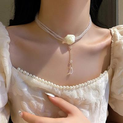 China White BOHEMIA Kaimei Rose Flower Choker Necklaces Sweet For Women Crystal Beads Chain Necklaces Weddings Jewelry for sale