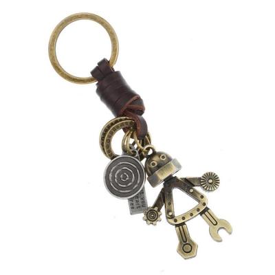 China Gift Wholesale Men's Retro Alloy Robot Leather Floating Key Chain Punk, Car Handmade Cool Leather Bag Vintage Fashion Key Chain for sale