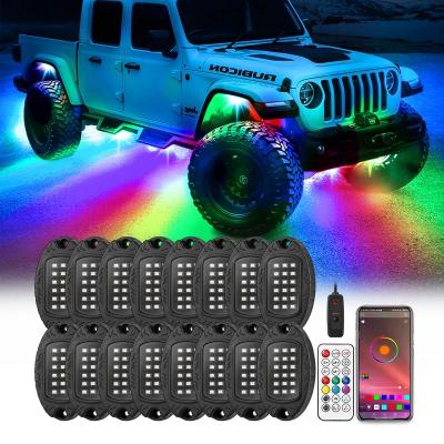 China 256 Chasing Effect Modes 16Pods RGB LED Multicolor Rock Lights 9W 36W 12 Volt APP/Remote Control High Quality RGB Rock Lights 4x4 Waterproof for sale