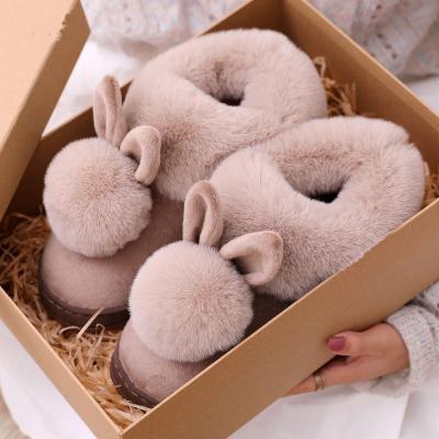 China Thick-soled Warm Growing Non-slip Slippers Hair Ball Ladies Cotton Slippers Winter Solid Color Rabbit Slippers Winter Size Shoes for sale