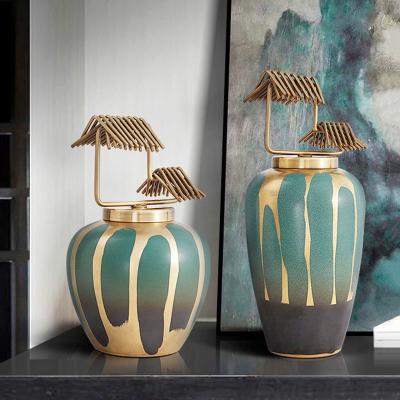 China Art Decor Objects Home Furnishings New Chinese Style Metal Design Flower Vase Accessories Jingdezhen Decor Storage Pot Living Room Decorative Indoor Ceramic Restaurant Furnishings for sale